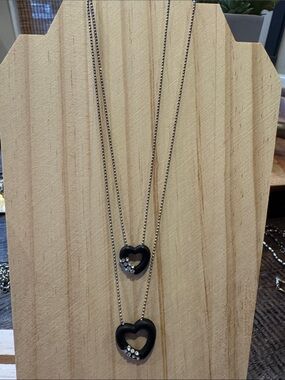 Vintage CG Black Heart Pendant Layered Necklace with Crystal Accents